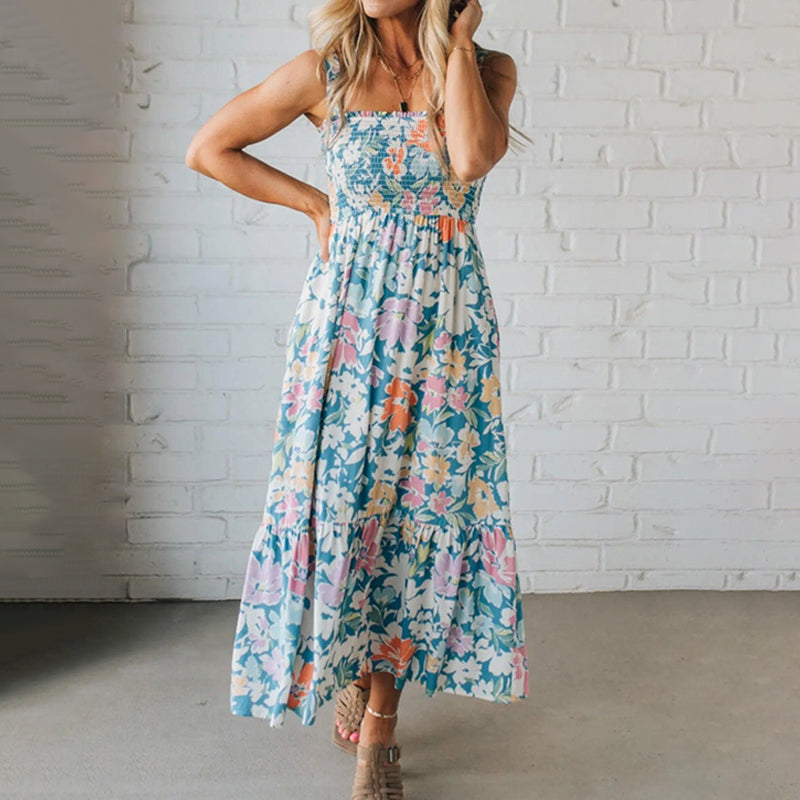 Floral Maxi Dress Smocked Bodice Adjustable Straps – Carter & Lane