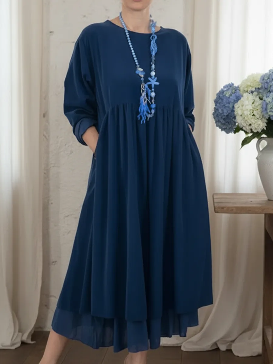 Isabel Loose Fit Women's Midi Dress with Gathered Waist and Pockets