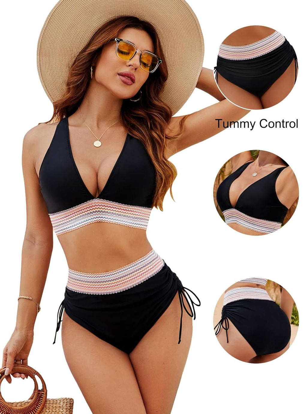High Waist Bikini Set with Adjustable Fit and Bold Zigzag Detail