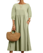 Relaxed Fit Midi Dress Lightweight Cotton Linen Blend