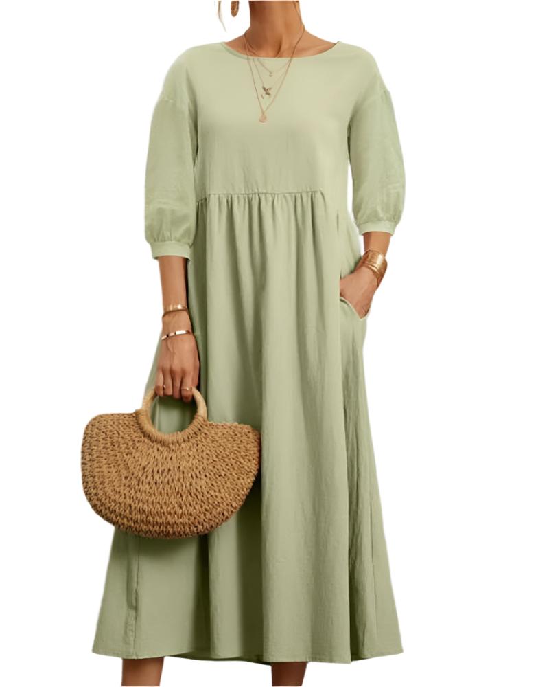 Relaxed Fit Midi Dress Lightweight Cotton Linen Blend