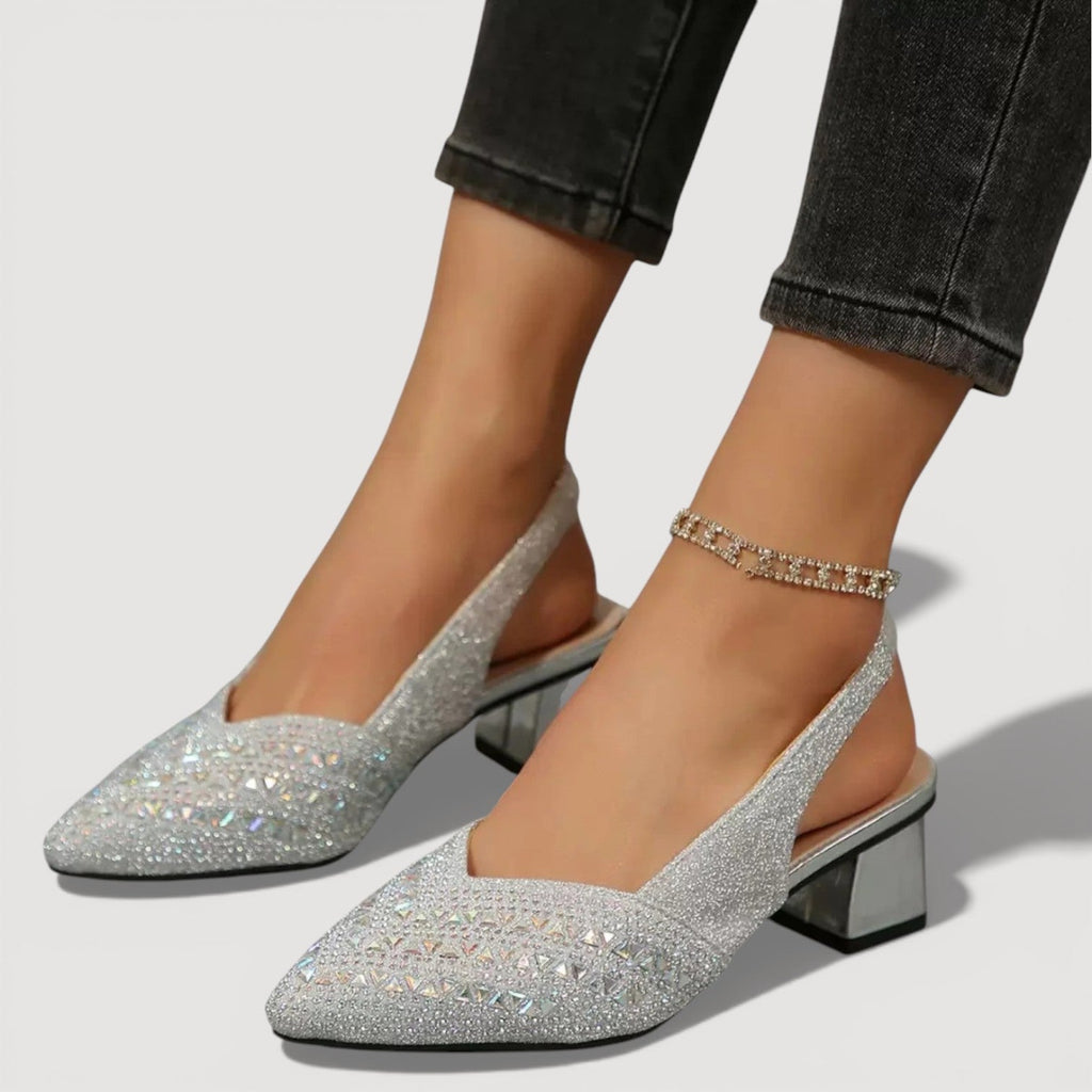 Elegant Slingback Heels Pointed Toe Sparkle Finish