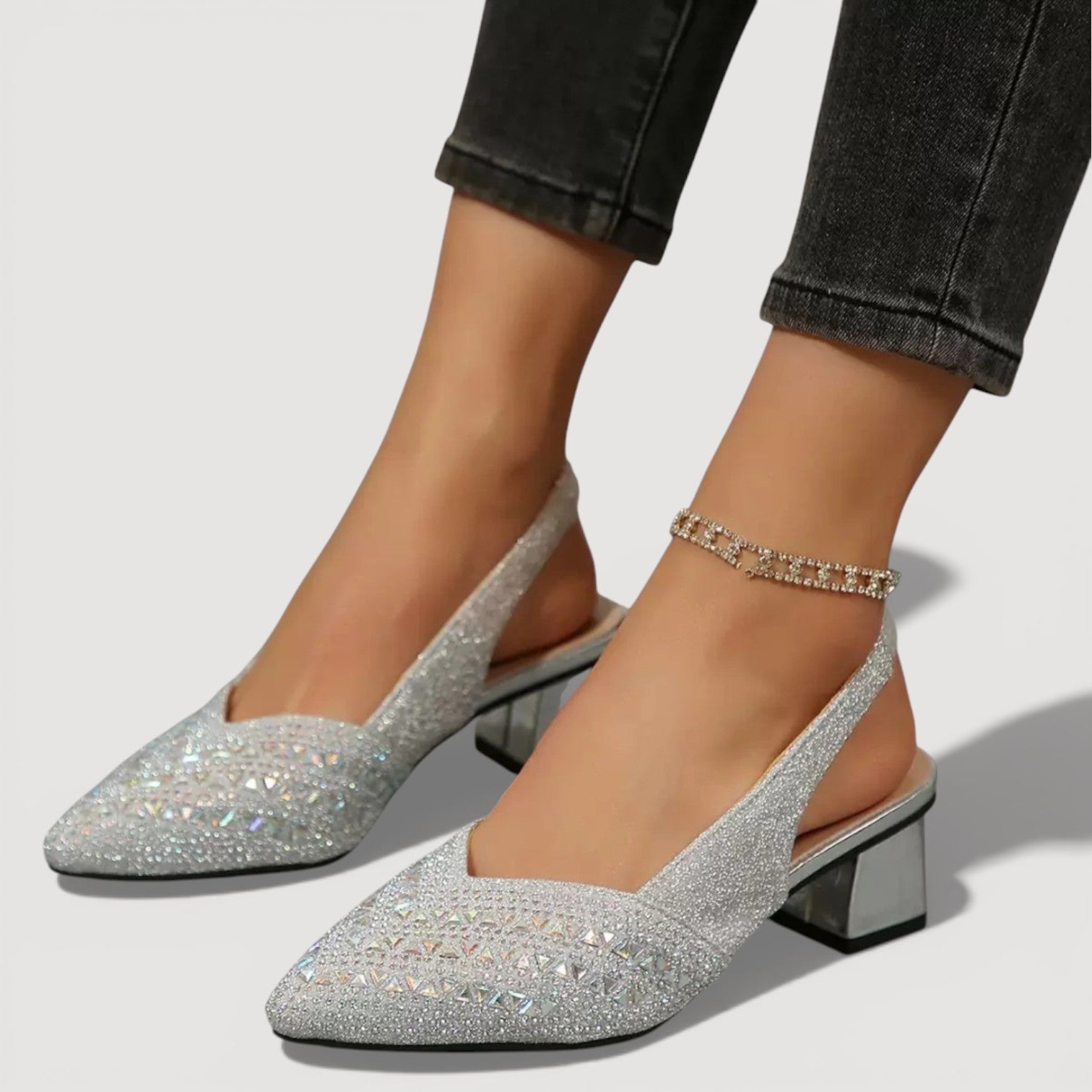 Elegant Slingback Heels Pointed Toe Sparkle Finish