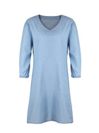Soft Denim V Neck Dress Puff Sleeve Above Knee