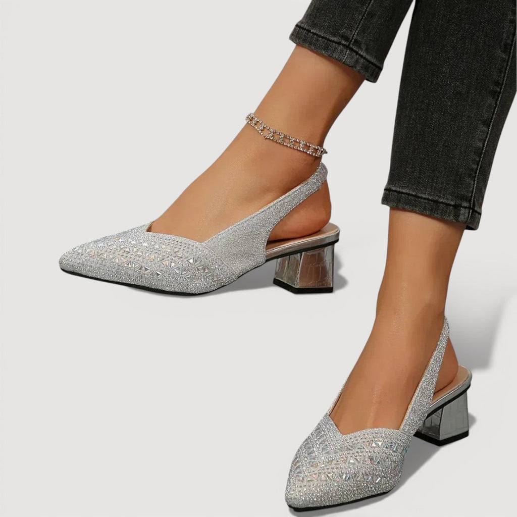 Elegant Slingback Heels Pointed Toe Sparkle Finish