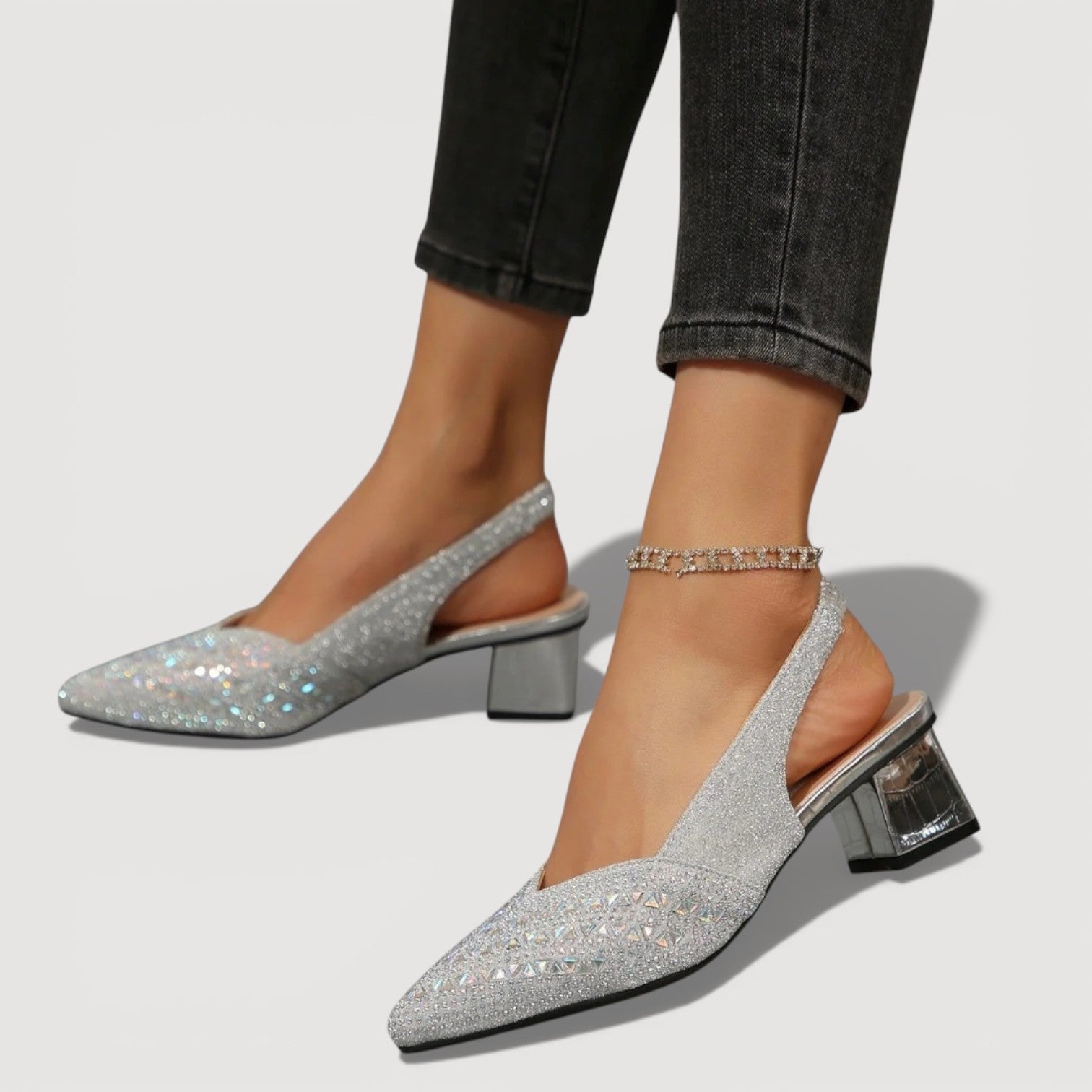 Elegant Slingback Heels Pointed Toe Sparkle Finish