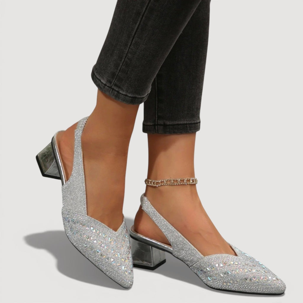 Elegant Slingback Heels Pointed Toe Sparkle Finish