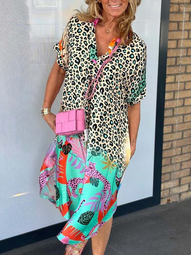 Boho Leopard Print Midcalf Dress Lightweight Casual