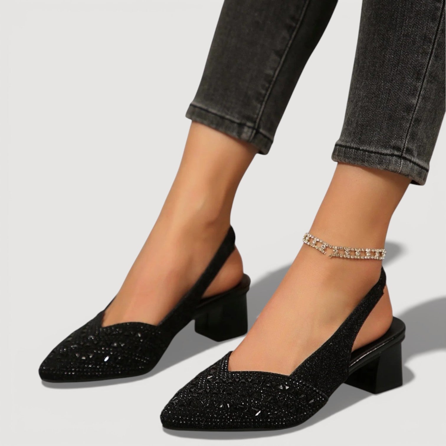 Elegant Slingback Heels Pointed Toe Sparkle Finish