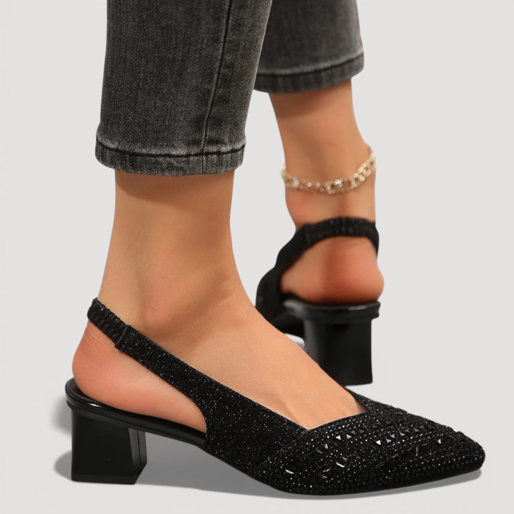 Elegant Slingback Heels Pointed Toe Sparkle Finish