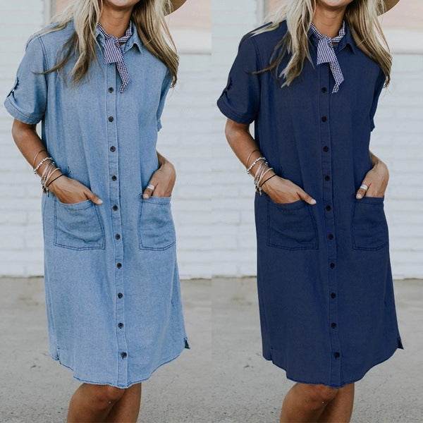 Relaxed Fit Denim Shirt Dress Lightweight Soft Fabric