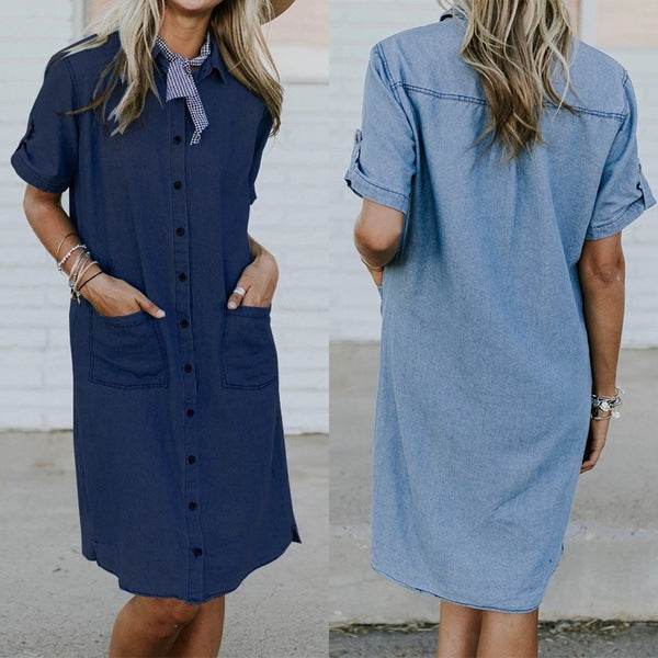 Relaxed Fit Denim Shirt Dress Lightweight Soft Fabric
