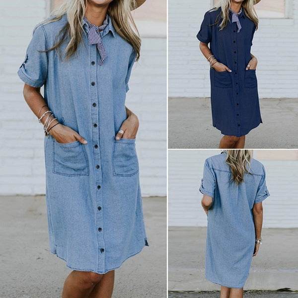 Relaxed Fit Denim Shirt Dress Lightweight Soft Fabric