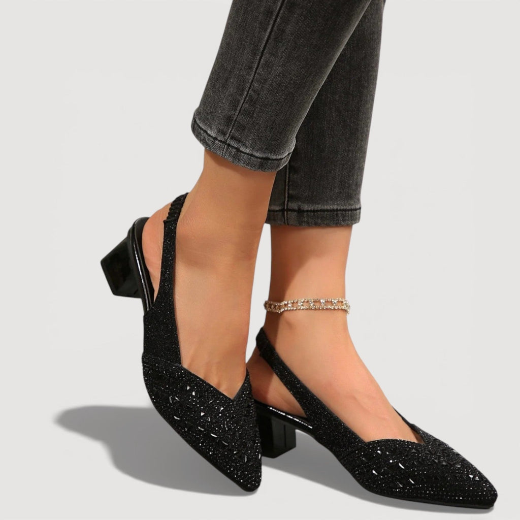 Elegant Slingback Heels Pointed Toe Sparkle Finish