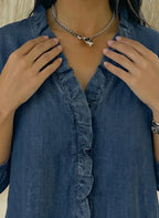 Relaxed Fit Denim Blouse V Neck Ruffled Detail