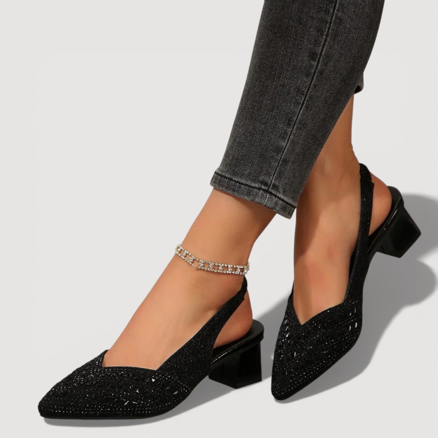 Elegant Slingback Heels Pointed Toe Sparkle Finish