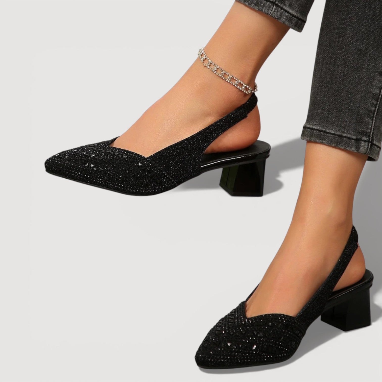 Elegant Slingback Heels Pointed Toe Sparkle Finish