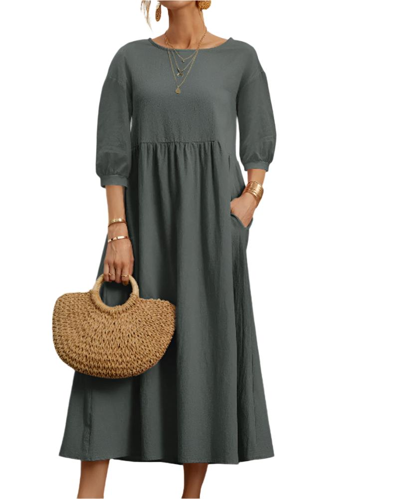 Relaxed Fit Midi Dress Lightweight Cotton Linen Blend