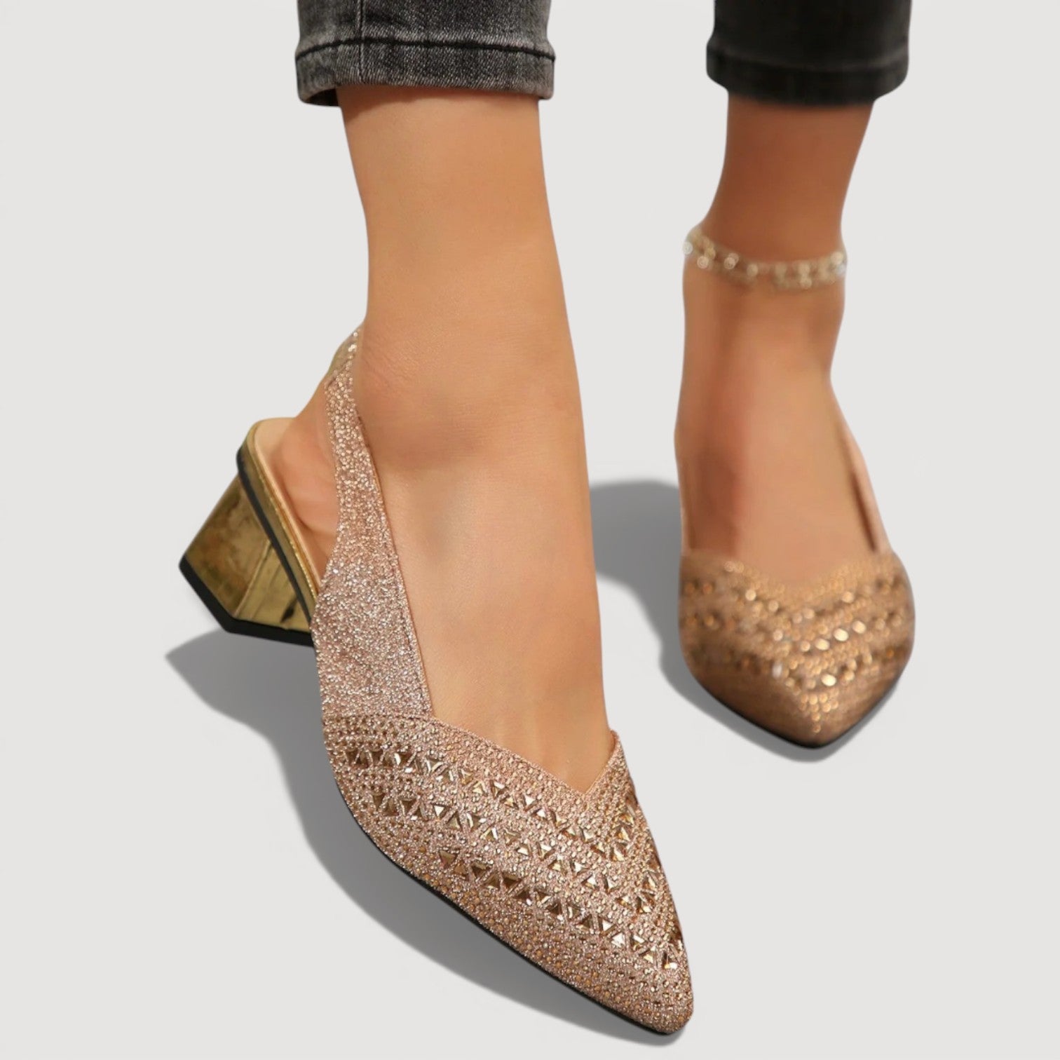 Elegant Slingback Heels Pointed Toe Sparkle Finish