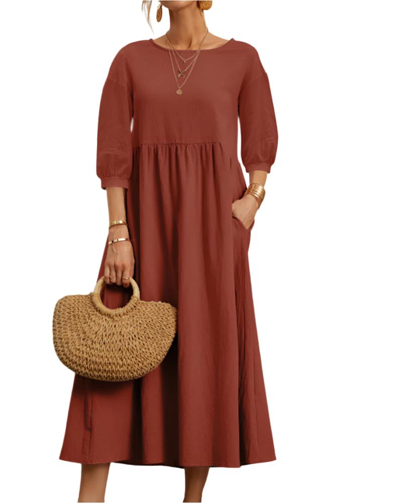 Relaxed Fit Midi Dress Lightweight Cotton Linen Blend