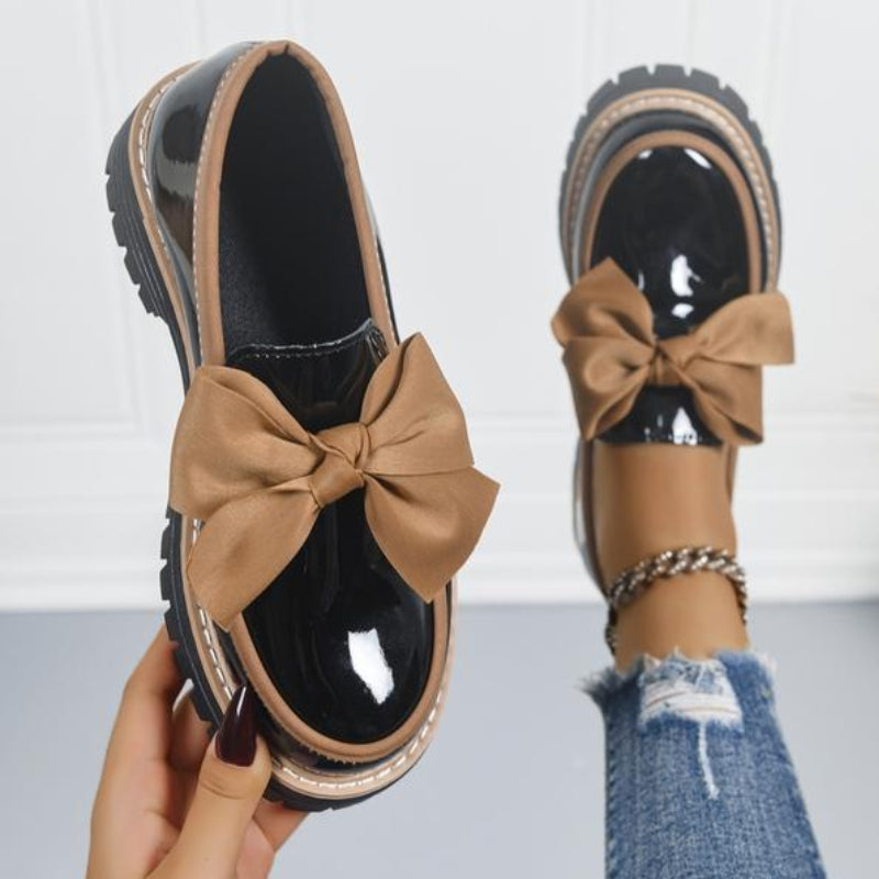 Glossy Green Bowknot Loafers Chunky Cushioned Sole