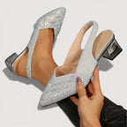Elegant Slingback Heels Pointed Toe Sparkle Finish