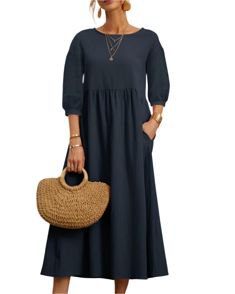 Relaxed Fit Midi Dress Lightweight Cotton Linen Blend