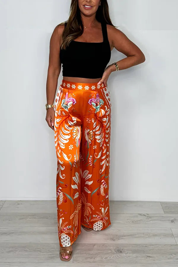 Wide Leg Satin Pants Floral Leaf Print High Waist