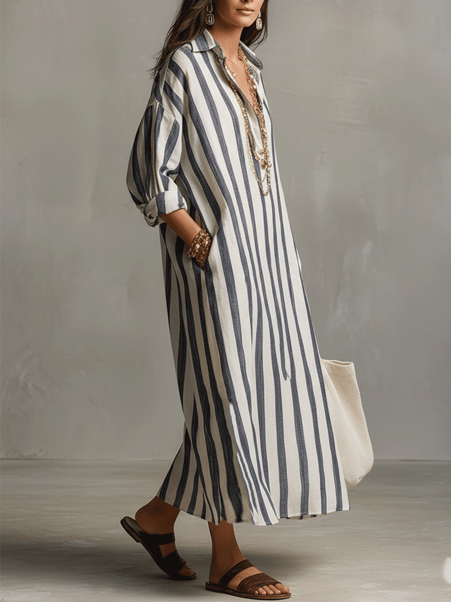 Lightweight Striped Shirt Dress Breathable Loose Fit