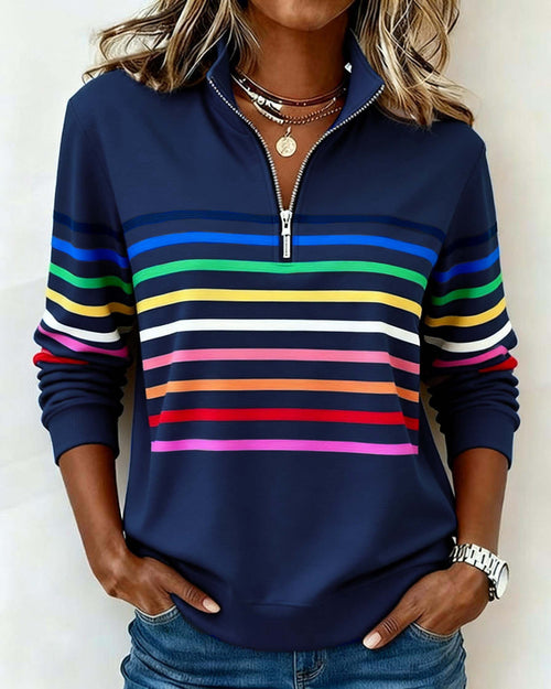 Colorful Striped Pullover Sweatshirt Relaxed Fit Cotton Blend