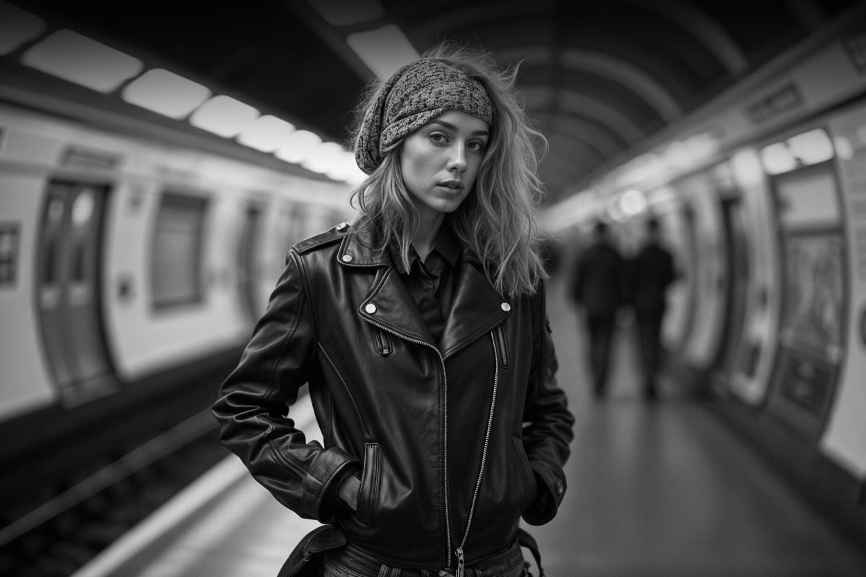 Woman in a leather jacket standing on a subway platform with a train in the background