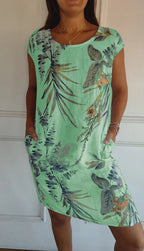 Women’s Cotton Linen Printed Summer Dress with Pockets