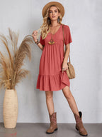 Lightweight V Neck Short Sleeve A Line Dress