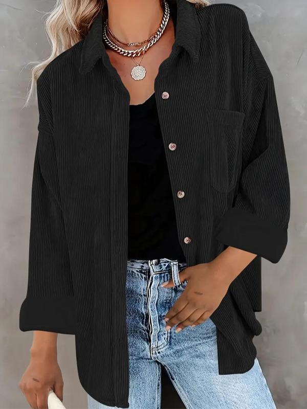 Loose Fit Button-Front Corduroy Shirt with Pockets