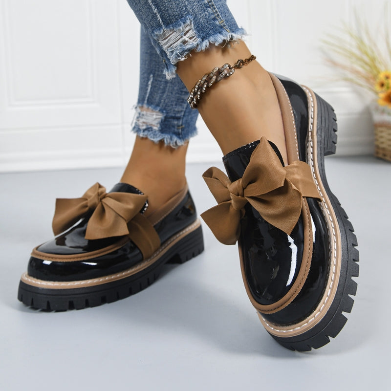 Glossy Green Bowknot Loafers Chunky Cushioned Sole