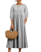Relaxed Fit Midi Dress Lightweight Cotton Linen Blend
