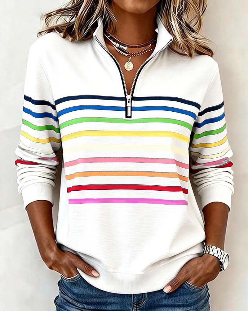 Colorful Striped Pullover Sweatshirt Relaxed Fit Cotton Blend