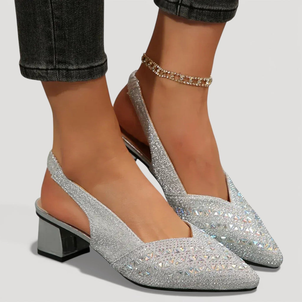 Elegant Slingback Heels Pointed Toe Sparkle Finish