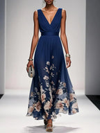Rose | Light Blue Floral Chiffon V-Neck Maxi Dress