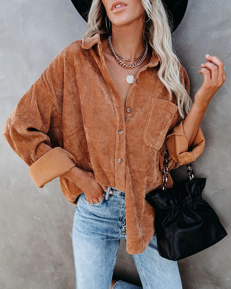 Loose Fit Button-Front Corduroy Shirt with Pockets