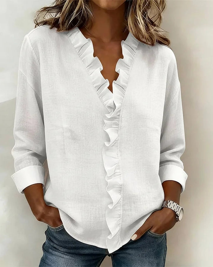 Ruffled V Neck Blouse Relaxed Fit Lightweight Fabric