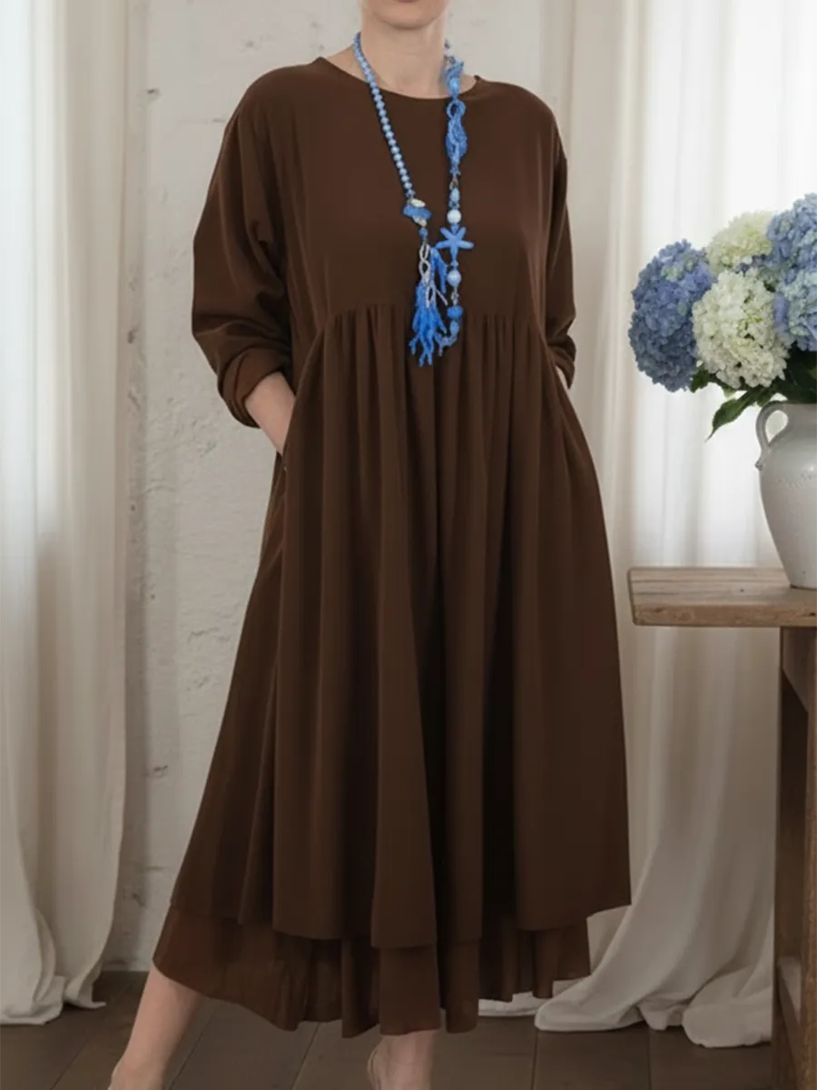 Isabel Loose Fit Women's Midi Dress with Gathered Waist and Pockets