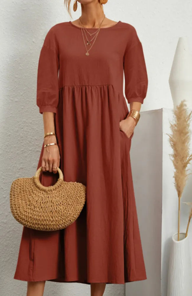 Relaxed Fit Midi Dress Lightweight Cotton Linen Blend