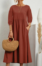 Relaxed Fit Midi Dress Lightweight Cotton Linen Blend