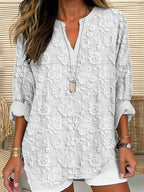 Relaxed Fit Floral Embroidered Women Blouse V Neck
