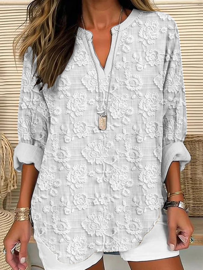 Relaxed Fit Floral Embroidered Women Blouse V Neck