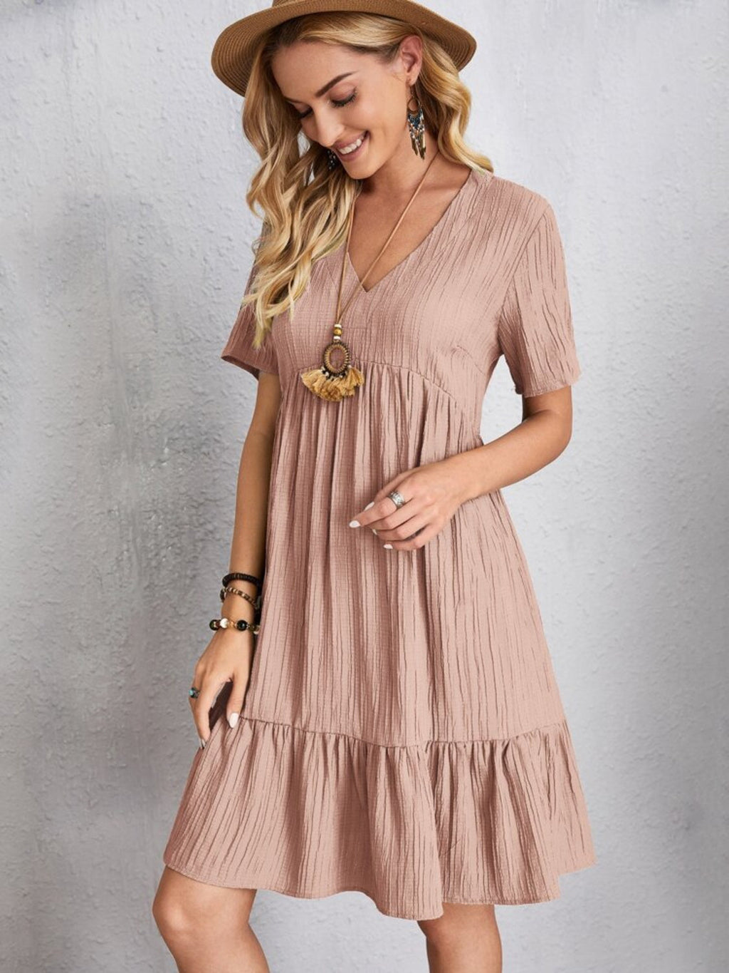 Lightweight V Neck Short Sleeve A Line Dress