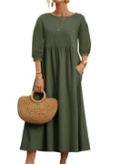 Relaxed Fit Midi Dress Lightweight Cotton Linen Blend