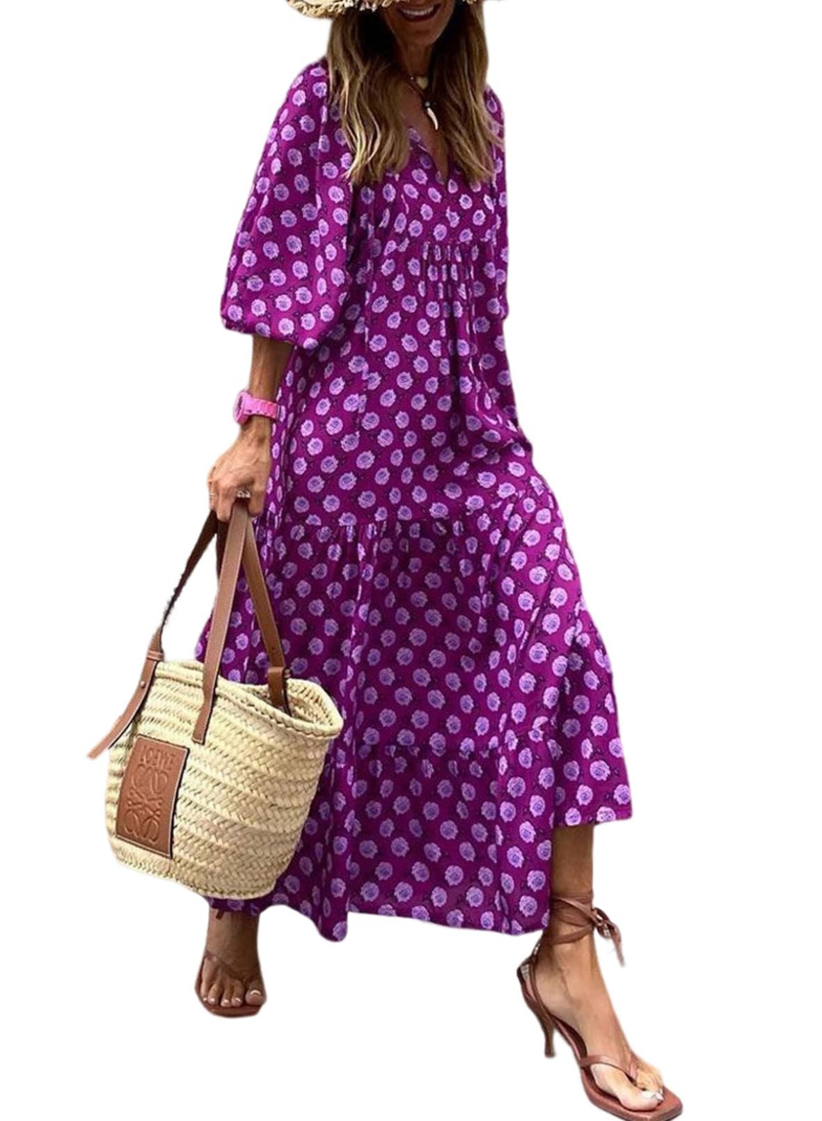 Women's Puff Sleeve Floral Boho Maxi Dress