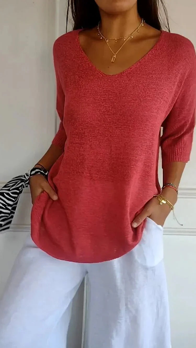 Lightweight V Neck Knit Top Relaxed Casual Fit
